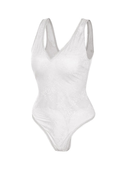 V-Neck Laced Thong Bodysuit